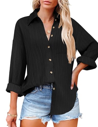 HOTOUCH Button Down Shirts for Women Business Casual Shirt Long Sleeve Collared Blouse Top Crinkle Shirt Black L