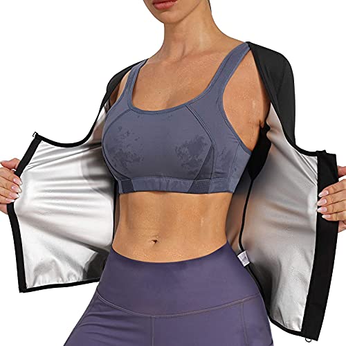 Nebility Women Sauna Sweat Suit Weight Loss Waist Trainer Shirt Workout Top Hot Sweat Jacket Zipper Long Sleeve Shaper (Medium, Black)