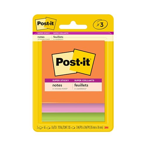 Post-it Super Sticky Notes, 3 Sticky Note Pads, 3 x 3 in., School Supplies, Office Products, Sticky Notes for Vertical Surfaces, Monitors, Walls and Windows, Energy Boost Collection