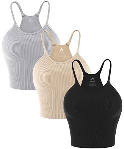 Sunzel Free to Be Tank, Crop Ribbed Tank Tops Seamless Racerback Camisoles No pad Camis Cropped Workout Gym Yoga Black Beige Grey(3pcs) M/L