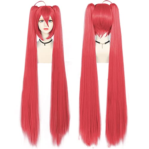 Anogol Hair Cap + Dark Red Wig Long Straight Wig With 2 Clip-on Ponytails Cosplay Wig With Bangs for Cosplay Halloween Party Costume