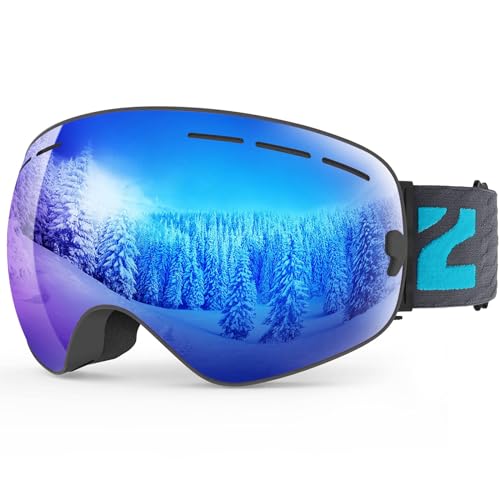ZIONOR X Ski Snowboard Snow Goggles OTG Design for Men Women Adult with Spherical Detachable Lens UV Protection Anti-fog (VLT 22% Black Frame Revo Blue Lens)