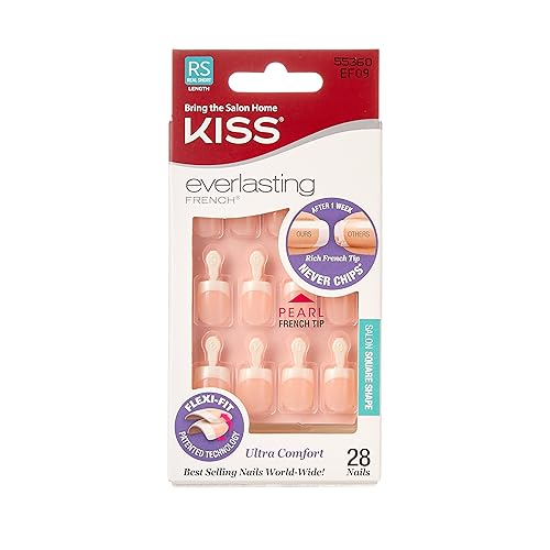Kiss Everlasting French Nail Manicure, Chip-Free, Flexi-Fit Technology, Real Short, 'String of Pearls', Nail Kit with Pink Nail Glue (Net Wt. 2g / 0.07oz), Mini File, Manicure Stick, and 28 Fake Nails