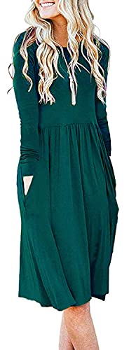 AUSELILY Fall Dress for Women Long Sleeve Empire Waist Knee Length Loose Dress with Pockets (2XL, Dark Green)