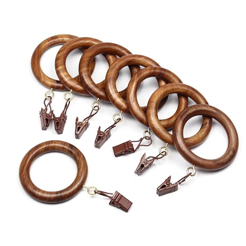 Mars Exports -12 Pieces Curtain Rings with Clips Wooden for 1-1.5 inch Rod, Window Shower Curtain Hooks, Wood Curtain Rod Rings with Clips, Wood Curtain Rings with Eyelet, Drapery Rings. (12)