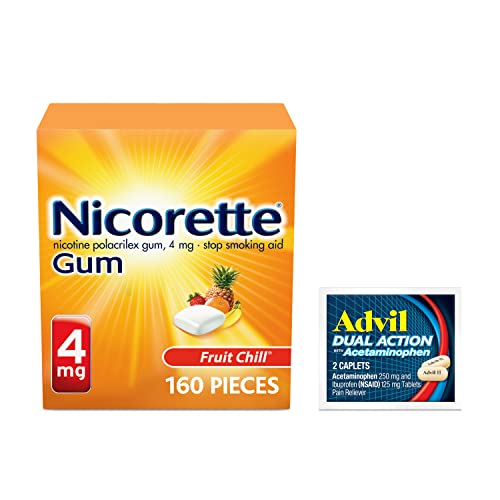 Nicorette 4 mg Nicotine Gum to Help Quit Smoking - Fruit Chill Flavored Stop Smoking Aid, 1-Pack, 160 Count, Plus Advil Dual Action Coated Caplets with Acetaminophen, 2 Count