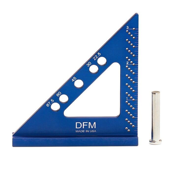 DFM Small Carpenters Square Work Tools w/Fixed Miter Angle Pin - Precision Woodworking Speed Square - 3.5' x 3.75' Size for Pocket 1/16' Scribe Holes 5 x 1/4' Pin Holes - Made in USA - English Blue