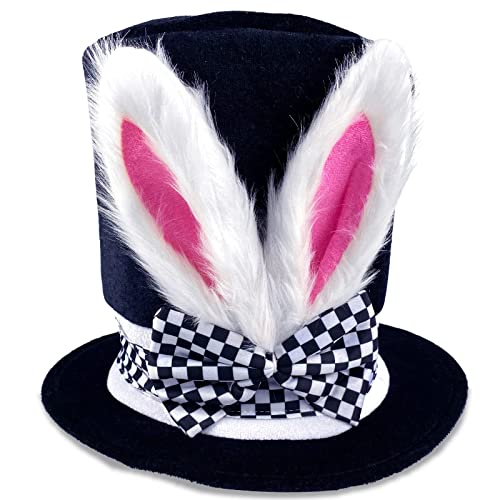 Donetuer Easter Bunny Ear Top Hat Rabbit Black Topper Plush Hat for Halloween Mad Hatter Cosplay