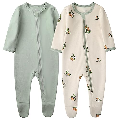 O2 BABY Baby Boys Girls Organic Cotton Zip Front Sleeper Pajamas, Footed Sleep 'n Play（0-3 Months, Olive & Sage）