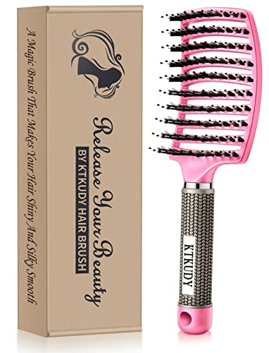 KTKUDY Detangling Hair Brush - Boar Bristle & Tangle-Free Design for Kids, Women, and Men - Perfect for Wet and Dry Hair - Smooth, Magical Pain-Free Styling (Pink)