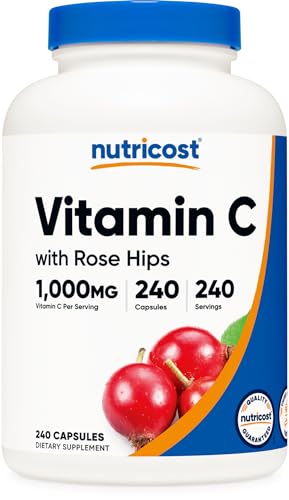 Nutricost Vitamin C with Rose HIPS 1025mg, 240 Capsules - Vitamin C 1,000mg, Rose HIPS 25mg, Premium, Non-GMO, Gluten Free Supplement