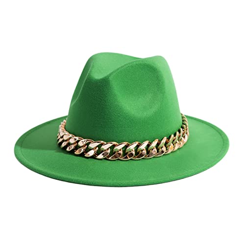 Gossifan Men & Women Belt Buckle Fedora Hat Wide Brim Floppy Panama Hat-Chain Belt Forest-Green