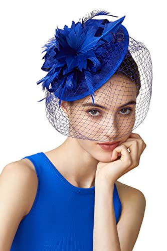 BABEYOND Fascinator Veil Feather Hair Clip Tea Party Pillbox Derby Hat for Bridal Wedding D-Royal Blue