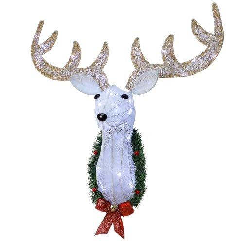 WATERGLIDE Lighted Christmas Wall Decor Reindeer Head, 28' Pre-Lit 3D Rudolph Hanging Wreath with Battery Operated, 8 Modes & Timer, Light Up for Front Door Window Indoor Outdoor Festive Xmas Holiday