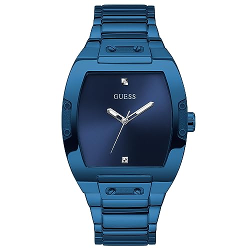 GUESS Men's Trend Casual Tonneau Diamond 43mm Watch – Blue Dial Stainless Steel Case & Bracelet
