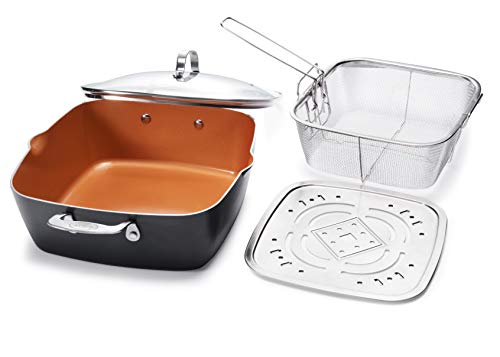 GOTHAM STEEL - 6 Quart XL Nonstick Copper Deep Square All in One 6 Qt Casserole Chef’s Pan & Stock Pot- 4 Piece Set, Includes Frying Basket and Steamer Tray, Dishwasher Safe,Brown