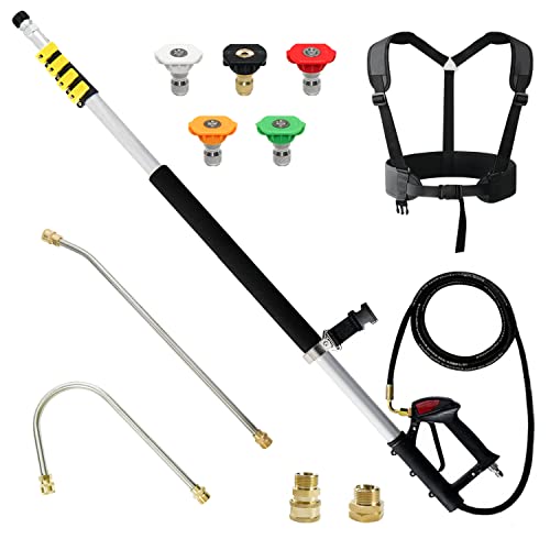 janz Aluminum 24 FT Telescoping Pressure Washer Wand with Pressure Washer Extension Wand,Gutter Cleaner Attachment, 5 Spray Nozzle Tips, 2 Hose Inlet Adapters and Support Harness