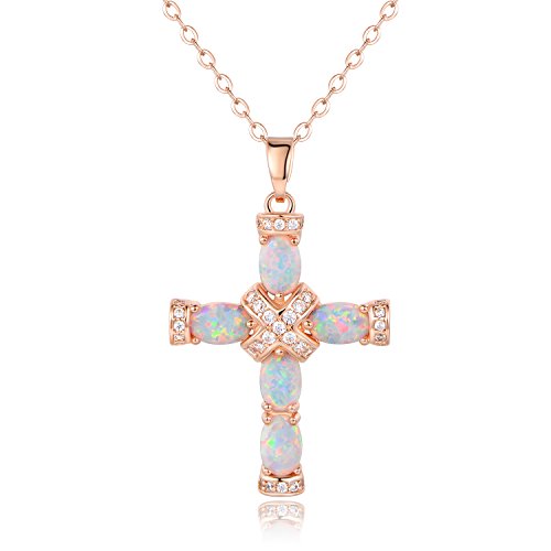 Barzel 18K Rose Gold Plated Created Opal Cross Necklace Pendant (Rose Gold)