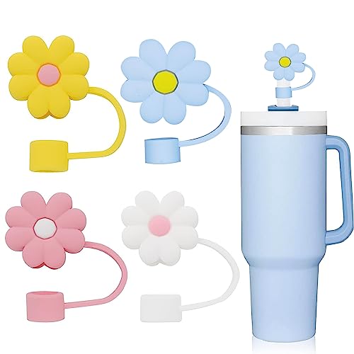 4Pcs Straw Cover for Stanley 30&40 Oz Tumbler, 0.4in Silicone Covers Cap Cup Accessories, Dust-Proof Protector Topper Reusable Drinking Tips Lids(4Pc colorful flower)