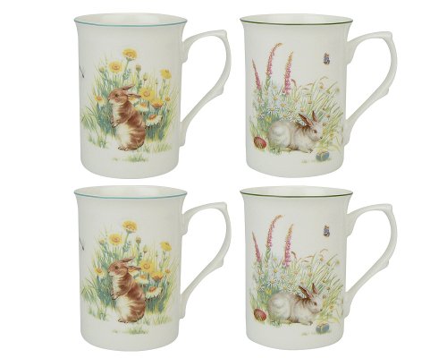 Gracie Bone China by Coastline Imports Bunny Garden Meadow Bone China Mug, 4 Count (Pack of 1), Floral