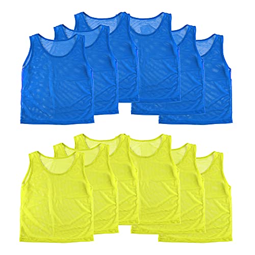 Super Z Outlet 12-Pack Nylon Mesh Team Practice Jerseys for Youth Sports (Blue/Yellow)