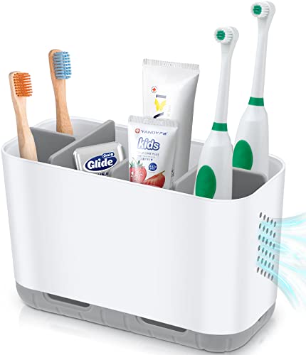 Boperzi Toothbrush and Toothpaste Holder Drainage for Bathroom Countertop with Adjustable Dividers, Large Toothpaste Caddy Organizer Storage Rustic Decor Set Anti-Slip for Shower,Family,Kids Gray