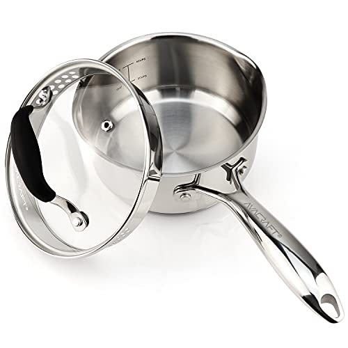 AVACRAFT Multipurpose Sauce Pan / Pot, Stainless Steel with Glass Strainer Lid, Two Side Spouts for Easy Pour with Ergonomic Handle (Tri-Ply Capsule Bottom, 1.5 Quart)