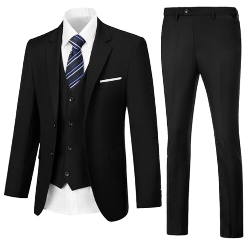 Mens 3 Piece Suit Set,Slim Fit Suits for Men,Solid Jacket,Vest,Pants Tuxedo Black XL