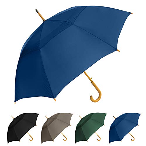 The Vented Urban Brolly 48' Arc Automatic Open Large Windproof Classic Umbrella with Wooden J Handle, Vintage Style Lightweight Long Curved Handle Umbrella for Rain - Navy Blue