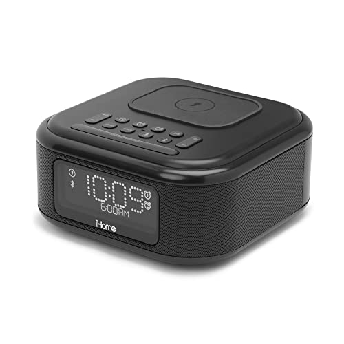 iHome Alarm Clock with Wireless Charging, Bluetooth Speaker, and USB Charger, Digital Clock for Bedroom, Office, or Dorm (IBTW23B8)