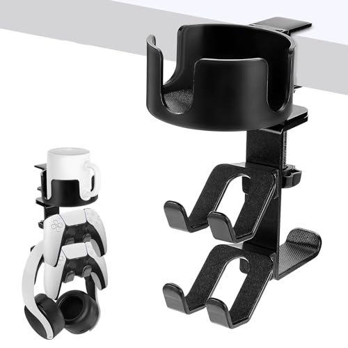 welltop 4 in 1 Controller Holder with Desk Cup Holder & Headphone Hanger, Rotatable Under Desk Clamp Controller Holder Dual Gamepad Headset Stand Gaming Desk Accessories for Xbox, PS4, PS5, PC, Switch