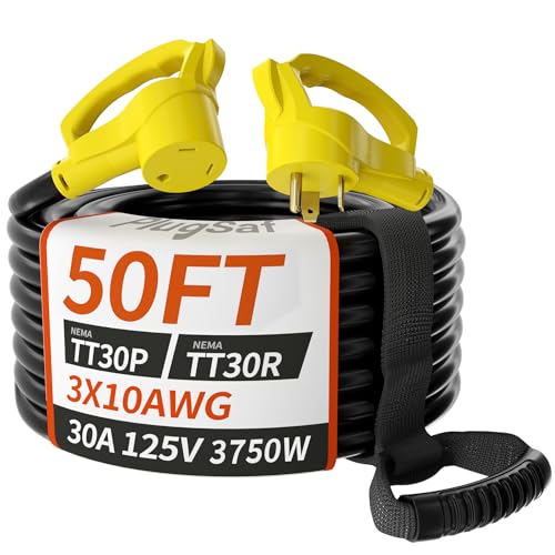 PlugSaf 50 FT 30 Amp RV Extension Cord Outdoor with Grip Handle, Flexible Heavy Duty 10/3 Gauge STW RV Power Cord Waterproof with Cord Organizer, NEMA TT-30P to TT-30R, Black-Yellow, ETL Listed