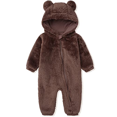 Infant Baby Cute Romper Cartoon Bear Pattern Snowsuit Warm Winter Fleece Hooded Jumpsuit for 0-3 Month Baby Coffee