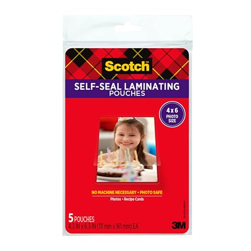 Scotch Self-Sealing Laminating Pouches, Glossy Finish, 4.3 x 6.3 Inches, 5 Pouches (PL900G)
