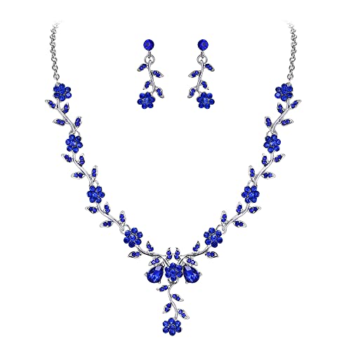 BriLove Women's Wedding Jewelry Leaf Cluster Flower Crystal Dangle Earrings Pendant Necklace Set for Bridal Sapphire Color Silver-Tone