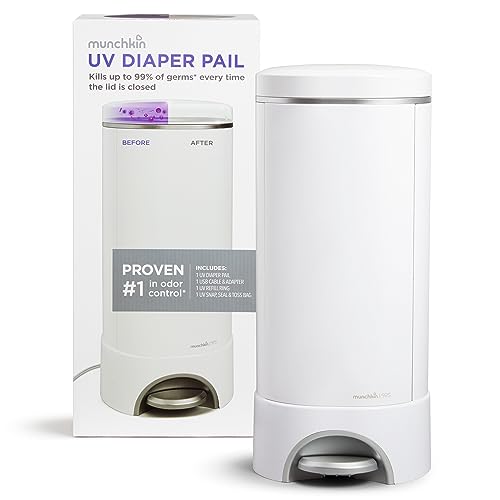 Munchkin UV Diaper Pail #1 in Odor Control, LED UV Lights Kills 99% of Germs and Odor Causing Bacteria on Lid Surface, Includes 1 UV Refill Ring and 1 UV Snap, Seal & Toss Bag