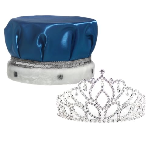 Anderson's Blue Satin King Crown and Queen Mirabella Tiara Royalty Set, King and Queen Set For Prom, Homecoming, School Dance, Costume, Party, Pageant, Event