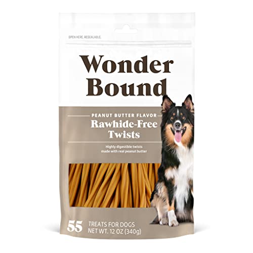 Amazon Brand - Wonder Bound Peanut Butter Flavor Dog Twist Sticks - 55 Count - Rawhide-Free Dog Treats, Dental Health Chews for Plaque & Tartar Control, Easy to Digest, Long-Lasting
