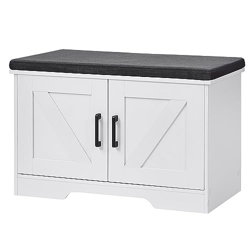 HOMSHO 2-Tier Storage Bench,Shoe Bench with Padded Seat Cushion, Entryway Bench with 2 Barn Doors,Adjustable Shelf, 27.6' L x 13.8' W x 17.7' H, for Entryway, Living Room, Bedroom,White
