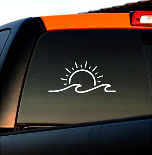 StickerSmith Sun & Wave Beach Vinyl Decal Sticker Auto Car Truck Window Bumper | White | 7' Wide