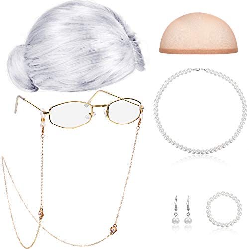 Gejoy 7 Pcs Old Lady Costume Set for Kids Women Grandma Wig Cap Glasses Chain Pearl Bead Necklace(Sliver White Bun Wig)