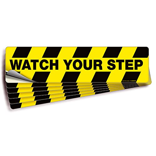 iSYFIX Watch Your Step Floor Decals Stickers - 6 Pack 20x5 Inch - Premium Self-Adhesive Vinyl, Laminated Anti-Slip, Water Resistance, sticker Indoor & Outdoor