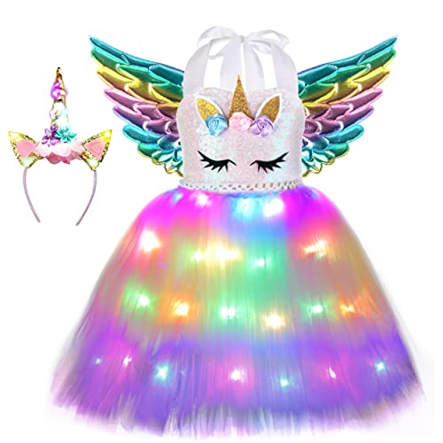 Soyoekbt Girls Unicorn Costume LED Light Up Unicorn Princess Dress Birthday Party Outfit Halloween Tutu Dress with Headband Sequin+Rainbow Led 5-6Years