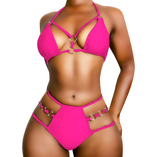 EJsoyo Womens Sexy Thong Neon Bikini Swimsuits String Push up Padded Bathing Suit 2 Piece Cheeky Swimwear with Hot pink Metal Ring (Large, Hot Pink)
