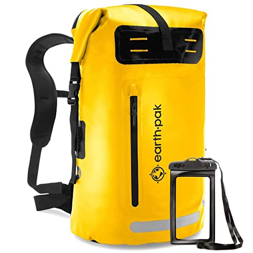 Earth Pak Summit Waterproof Backpack - Heavy Duty Roll-Top Closure with Easy Access Front-Zippered Pocket and Cushioned Padded Back Panel for Comfort with IPX8 Waterproof Phone Case (Yellow, 35L)