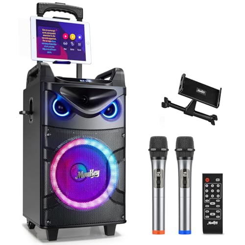Moukey Karaoke Machine, 10' Woofer Portable PA System, Bluetooth Speaker with 2 Wireless Microphones, Lyrics Display Tablet Holder, Party Lights & Echo/Treble/Bass Adjustment Support REC/AUX/USB/TF