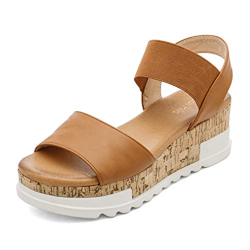 DREAM PAIRS Womens Open Toe Ankle Strap Casual Flatform Platform Sandal, Camel-2-9 (Reed-2)