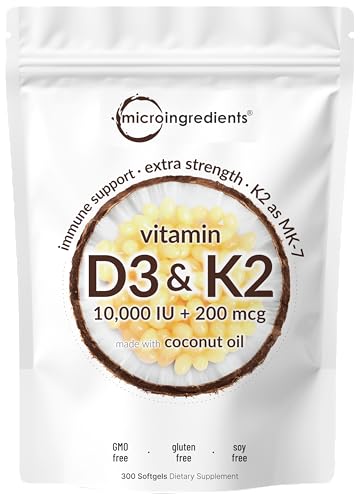 Vitamin D3 10000 iu Plus K2 (MK-7) 200 mcg, 300 Virgin Coconut Oil Softgels| 2 in 1 Vitamins D & K Complex | Supports Calcium Absorption, Bone, Immune, & Heart Health – Easy to Swallow