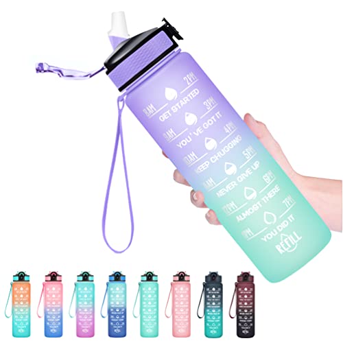 Hyeta 32 oz Water Bottles with Times to Drink and Straw, Motivational Water Bottle with Time Marker, Leakproof & BPA Free, Drinking Sports Water Bottle for Fitness, Gym & Outdoor (Light Purple Green)