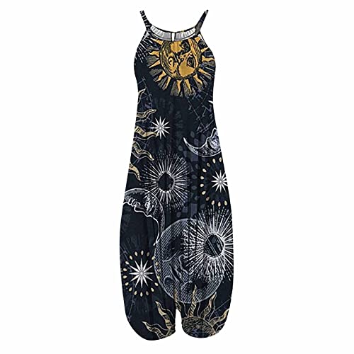 SZITOP One Piece Jumpsuits for Women Casual Sleeveless Racerback Spaghetti Straps Rompers Summer Boho Print Baggy Harem Jumpsuits Plus Size Loose Fit Low Crotch Hippie Overalls(V-Black,Large)